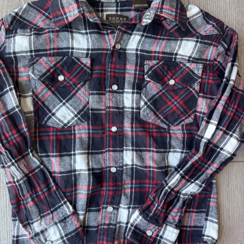 Roper Kids boys Navy Red Plaid Pearl Snap Western Flannel Shirt Size M 8-10